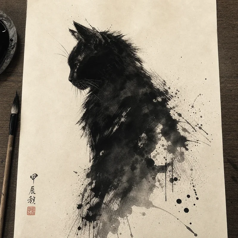 Ink cat painting example